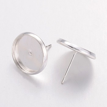 PandaHall Elite Brass Earring Settings, Stud Earring Findings, Flat Round, Silver, Tray: 12mm, 12mm, Pin: 0.7mm, 20pcs/box