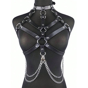 Black PU Leather Chest Harness Belts, Adjustable Nightclub Body Chains with Alloy Tassel, Platinum, 1010x18mm