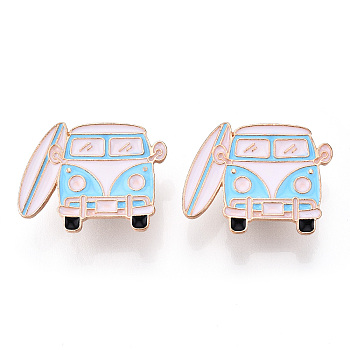 Alloy Enamel Brooches, Enamel Pin, with Butterfly Clutches, Car, Deep Sky Blue, Golden, 22x29mm