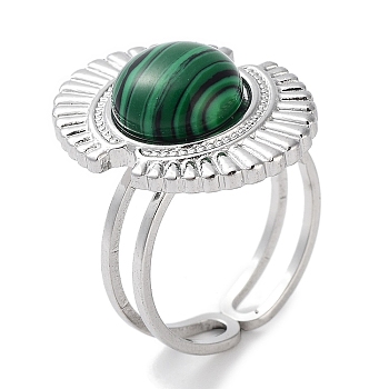 Ion Plating(IP) 304 Stainless Steel Ring, Adjustable Synthetic Malachite Rings, Oval, 17x22mm, Inner Diameter: Adjustable