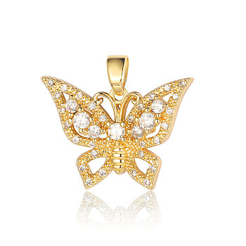 Brass Micro Pave Cubic Zirconia Pendants, Butterfly Charms, Real 18K Gold Plated, 23x16x3.8mm