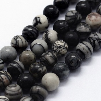 Natural Black Silk Stone/Netstone Beads Strands, Round, 8mm, Hole: 1mm, about 46pcs/strand,  14.76 inch(37.5cm)