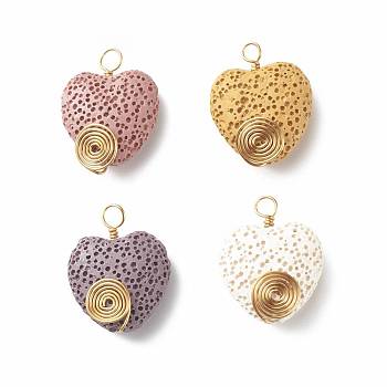 Dyed Natural Lava Rock Pendants, with Real 18K Gold Plated Eco-Friendly Copper Findings, Heart, Mixed Color, 26x20.5x8mm, Hole: 2.7~3.7mm