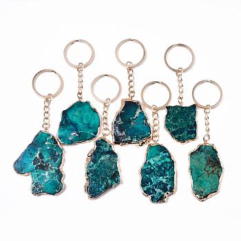 Natural Regalite/Imperial Jasper/Sea Sediment Jasper Keychain, with Golden Plated Edge & Light Gold Stainless Steel Split Key Rings, Dyed, Nuggets, Dark Cyan, 92~110mm