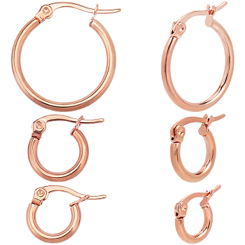 3 Styles 201 Stainless Steel Hoop Earrings, with 304 Stainless Steel Pin, Rose Gold, 2x10.5~19.5mm, 1pair/style