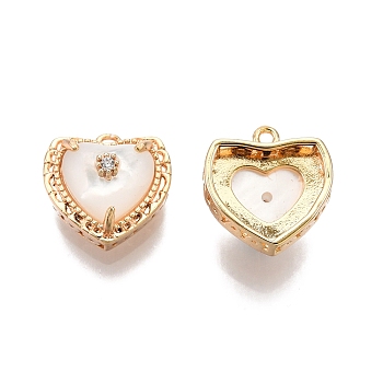 Ion Plating(IP) Brass Micro Pave Clear Cubic Zirconia Charms, with Shell, Nickel Free, Heart, Real 18K Gold Plated, 11x11x6.5mm, Hole: 1mm