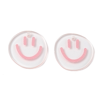 Transparent Printed Acrylic Pendants, Flat Round with Smiling Face Charm, Pink, 20.5~21x20~21x2mm, Hole: 1.6mm