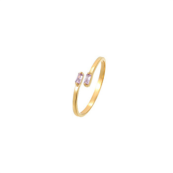 Golden Stainless Steel Cuff Ring, with Glass, Rectangle, Lilac, Inner Diameter: 20mm