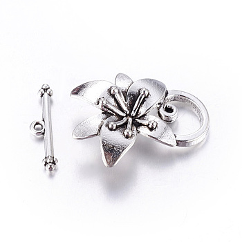 Alloy Toggle Clasps, Cadmium Free & Nickel Free & Lead Free, Flower, Antique Silver, Flower: about 29.5x23x7mm, hole: 1~10x12mm, bar: 21x5x2.5mm, hole: 1.5mm.