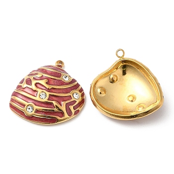 304 Stainless Steel Rhinestone Pendants, with Enamel, Shell Charms, Golden, Indian Red, 19.5x19x5mm, Hole: 1.2mm