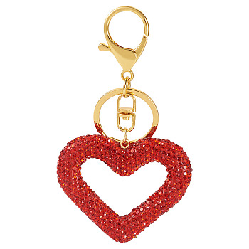 Handmade Polymer Clay Rhinestone Hollow Heart Keychains, with Iron Rings & Lobster Claw Clasps, Golden, Red, 108mm