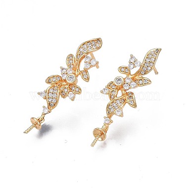 Real 18K Gold Plated Flower Brass+Cubic Zirconia Stud Earring Findings