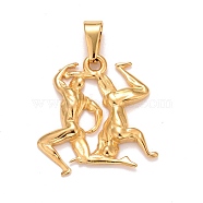 Ion Plating(IP) 304 Stainless Steel Pendants, Textured, Constellation/Zodiac Sign, Gemini, 31x29.5x3.3mm, Hole: 10x4.5mm(STAS-D165-14G-05)