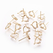 Brass Stud Earring Findings, with Loop, Cubic Zirconia, Heart, Nickel Free, Real 18K Gold Plated, 11x11mm, Hole: 0.8mm, Pin: 0.7mm(KK-I649-32G-NF)