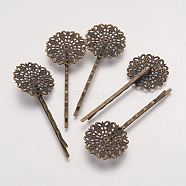 Antique Bronze Flower Brass Hair Bobby Pin Vintage Filigree Findings, Size: about 2mm wide, 65mm long, 2mm thick, Tray: about 25mm in diameter, 1mm thick(X-KK-G037-AB)