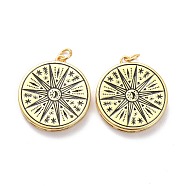Brass Enamel Pendants, with Jump Ring, Long-Lasting Plated, Flat Round with Sun, Black, Real 18K Gold Plated, 22x20x3mm, Jump Ring: 5x1mm, 3mm Inner Diameter(X-KK-L188-34G)
