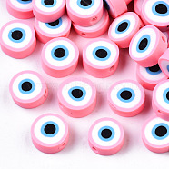 Handmade Polymer Clay Beads, Flat Round with Evil Eye, Pink, 9~10x3.5~4.5mm, Hole: 1.5mm(CLAY-ZX006-07D)