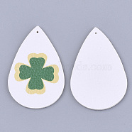 PU Leather Big Pendants, teardrop, with Clover Pattern, Irish Charms, White, 56x37x1.5mm, Hole: 1.2mm(FIND-S311-007C-C)