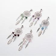 Natural Gemstone European Dangle Charms, with Tibetan Style Alloy Findings, Woven Net/Web with Feather, Antique Silver, 90mm, Hole: 4.5mm(PALLOY-JF00214)