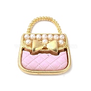 Alloy Enamel Charms, with ABS Plastic Imitation Pearl Beads, Cadmium Free & Nickel Free & Lead Free, Golden, Handbag with Bowknot Charm, Pearl Pink, 18.5x16x4.5mm, Hole: 4.5x8mm(ENAM-F144-06D)
