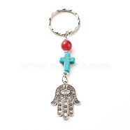 Natural & Dyed Malaysia Jade Bead and Synthetic Turquoise beads Keychain, with Tibetan Style Alloy Pendants, Spacer Beads and Iron Eye Pin, Cross & Hamsa Hand/Hand of Fatima/Hand of Miriam with Eye, 10cm(KEYC-JKC00267-01)