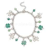 Alloy Clover & Glass Charm Bracelet with 304 Stainless Steel Curb Chains for Saint Patrick's Day, Stainless Steel Color, 7-3/8 inch(18.7cm)(BJEW-TA00302)