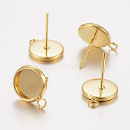 304 Stainless Steel Stud Earring Settings, with Loop, Flat Round, Real 24K Gold Plated, Tray: 8mm, 13x10x1.5mm, Hole: 2mm, Pin: 0.8mm(STAS-F162-43G)