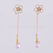 Stud Earrings, with Heart Glass Charms, Rondelle Glass Beads, Iron Stud Earring Findings, Brass Wire Beads & Ear Nuts, Pearl Pink, 64mm, Pendant: 14x10x5.9mm, Pin: 0.6mm(EJEW-JE03889-04)