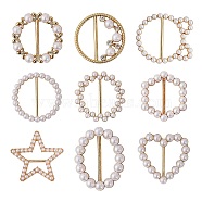 9Pcs 9 Style Alloy Buckles, with Imitaion Pearl & Rhinestone, Mix-shaped, Light Gold, 30~50x30~50mm, 1pc/style(DIY-SZ0008-39)