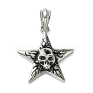 304 Stainless Steel Big Pendants, Star with Skull Charms, Antique Silver, 59.5x41.5x9mm, Hole: 7.5x11.5mm(STAS-C099-05AS)