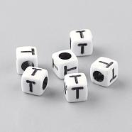 Opaque Acrylic Beads, Letter Style, Cube, Letter.T, 6x6x6mm, Hole: 3mm, about 3000pcs/500g(SACR-Q188-02T)