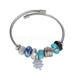 European Bracelets, with Glass Beads, Enamel, Rhinestone, Deep Sky Blue, Silver, Inner Diameter: 2-1/8 inch(5.5cm)(BJEW-BB34166-C)