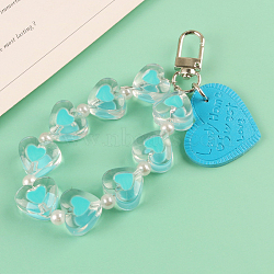 Imitation Leather Pendants Keychain, with Resin Beads and Alloy Findings, Heart with Word, Deep Sky Blue, Heart: 3x3.8cm(HEAR-PW0001-163F)