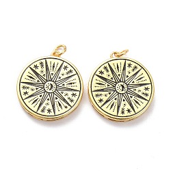 Brass Enamel Pendants, with Jump Ring, Long-Lasting Plated, Flat Round with Sun, Black, Real 18K Gold Plated, 22x20x3mm, Jump Ring: 5x1mm, 3mm Inner Diameter(X-KK-L188-34G)