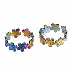 Flower Cuff Rings, Wide Open Rings, Rainbow Color 304 Stainless Steel Ring for Women, Multi-color, US Size 8 1/4(18.3mm)(RJEW-N038-007)