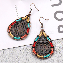 Bohemian Style Alloy Dangle Earrings, with Seed Beads, Teardrop, Colorful, Red Copper, 65x32mm(X-EJEW-F238-25)