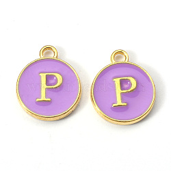 Golden Plated Alloy Enamel Charms, Enamelled Sequins, Flat Round with Letter, Medium Purple, Letter.P, 14x12x2mm, Hole: 1.5mm(ENAM-S118-10P)