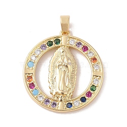 Brass Cubic Zirconia Pendants, Long-Lasting Plated, Flat Round with Holy Virgin Charms, Colorful, Golden, 33x30.5x4mm, Hole: 6x3mm(KK-Z050-08G)