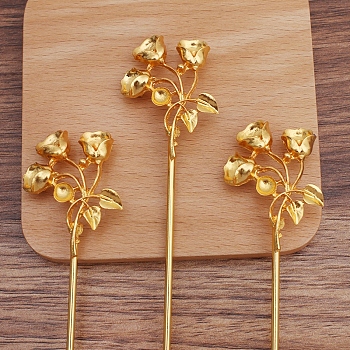 Alloy Hair Stick Findings, with Iron Pins, Flower, Golden, 153x35.5x12mm