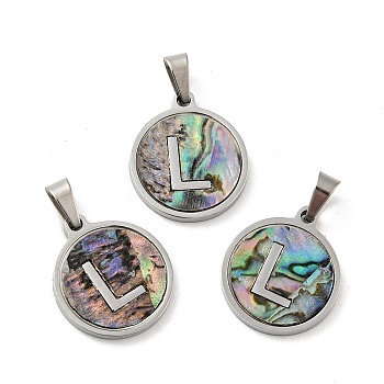 304 Stainless Steel with Paua Shell Pendants, Stainless Steel Color, Flat Round with Letter Charm, Letter.L, 18x16x1.5mm, Hole: 3x6mm