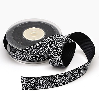 Halloween Ornaments Spider Web Pattern Printed Grosgrain Ribbons, Black, 1 inch(25mm), about 100yards/roll(91.44m/roll)