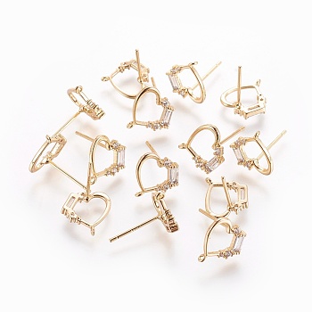 Brass Stud Earring Findings, with Loop, Cubic Zirconia, Heart, Nickel Free, Real 18K Gold Plated, 11x11mm, Hole: 0.8mm, Pin: 0.7mm