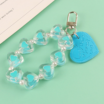 Imitation Leather Pendants Keychain, with Resin Beads and Alloy Findings, Heart with Word, Deep Sky Blue, Heart: 3x3.8cm