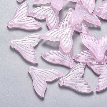 Transparent Spray Painted Glass Pendants, with Glitter Powder, Fishtail Shape, Pearl Pink, 19x19.5x3.5mm, Hole: 1.2mm