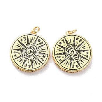 Brass Enamel Pendants, with Jump Ring, Long-Lasting Plated, Flat Round with Sun, Black, Real 18K Gold Plated, 22x20x3mm, Jump Ring: 5x1mm, 3mm Inner Diameter