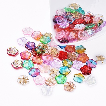 Czech Glass Beads, Transparent/Imitation Opalite /Electroplated/Gold Inlay Color/Dyed, Flower, Mixed Color, 14x4mm, Hole: 1mm, about 117~123pcs/bag