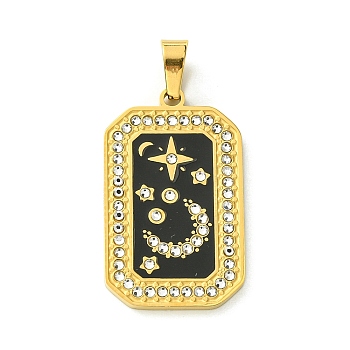 Ion Plating(IP) 304 Stainless Steel Pendants, with Enamel and Rhinestone, Rectangle with Tarot Charm, Real 18K Gold Plated, Black, 32x19.5x2mm, Hole: 6.5x4mm