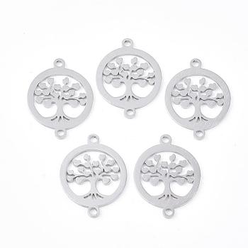201 Stainless Steel Links connectors, Flat Round with Tree of Life, Stainless Steel Color, 21x16x1mm, Hole: 1.5mm