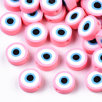 Handmade Polymer Clay Beads, Flat Round with Evil Eye, Pink, 9~10x3.5~4.5mm, Hole: 1.5mm