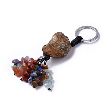 Natural Tiger Eye Nugget with Mixed Gemstone Chips Tassel Keychains, with 304 Stainless Steel Ring Clasps, 9~10.5cm